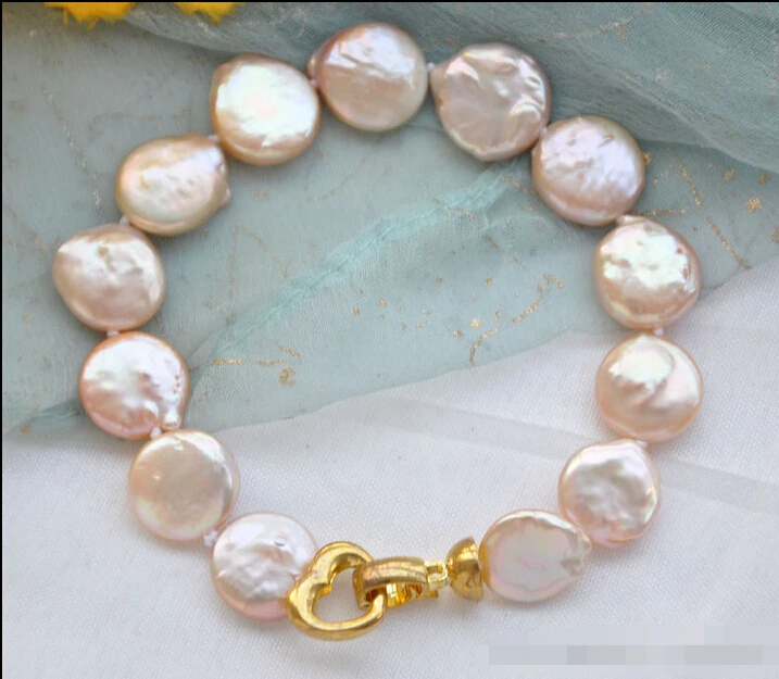 

Z5574 NATURAL 8" 14mm pink coin freshwater pearl bracelet @^Noble style Natural Fine jewe SHIPPING new >>free shipping