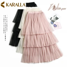 Весна Лето Фея сплошной цвет оборки сетка юбка Vogue Женская новая высокая талия плиссированная юбка C867