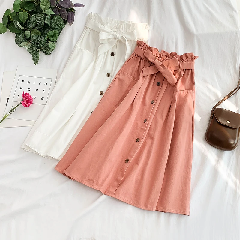 

2019 new fashion women's skirts retro elastic waist tie pocket solid color short skirt