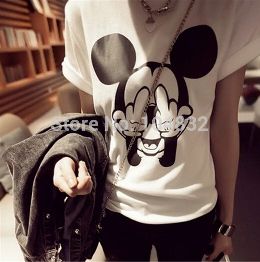 

Women t-shirts Cartoon Middle Finger Print O-neck Striped t shirt SexeMara Female t-shirt Crop Top