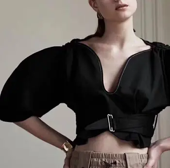 

White Black Women Blouse Top Quality V-Neck Celebrity Elegnat Puff Sleeve Pub Half Party Blouse