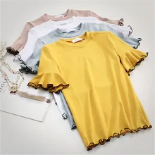 Весенняя женская летняя футболка, Модная хлопковая футболка с оборками, Женская Однотонная футболка с О 'образным вырезом, хорошее качество и высокая эластичность
