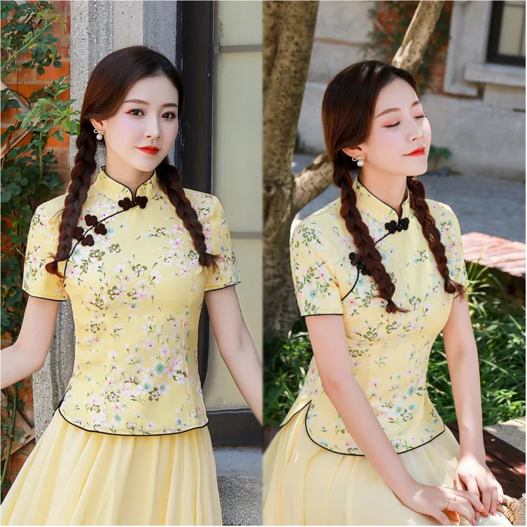Sheng Коко 3XL 4XL вишня в цвету рубашки Cheongsam блузка желтые, с принтом цветок элегантная обувь в классическом стиле женские топы Ципао в