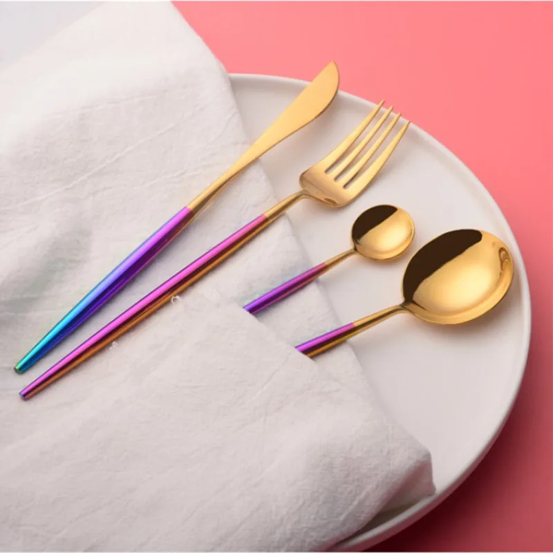 

Colorful Dinner Set Cutlery 304 Stainless Steel Western Style Dinnerware Rainbow Dinnerware Spoon Tea Spoon Knife Fork Tableware