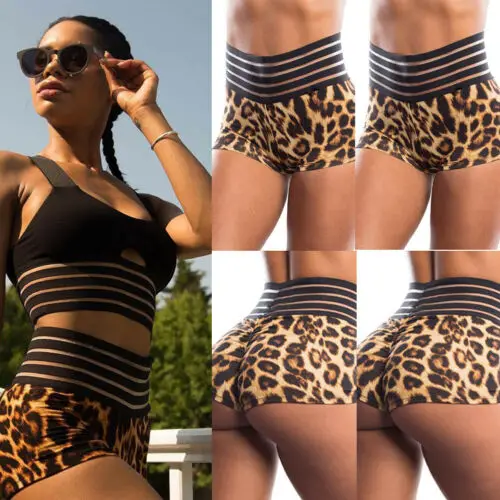 

Women Sports Yoga Shorts Workout Fitness Female Running Cotton High Waist Gym Leopard Shorts
