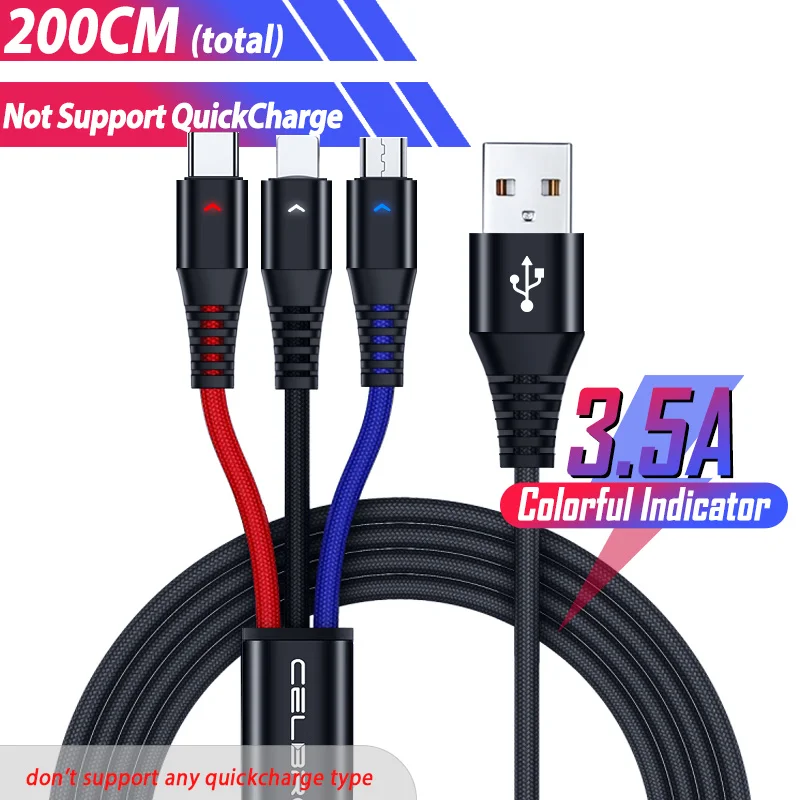 3 в 1 mi cro Usb мульти зарядный кабель Led type C Usb 3в1 Tipo C зарядный Шнур кабель для Xiao mi K20 Pro mi A3 A2 красный mi Note 5 7 - Цвет: 2M 3 in 1 cable