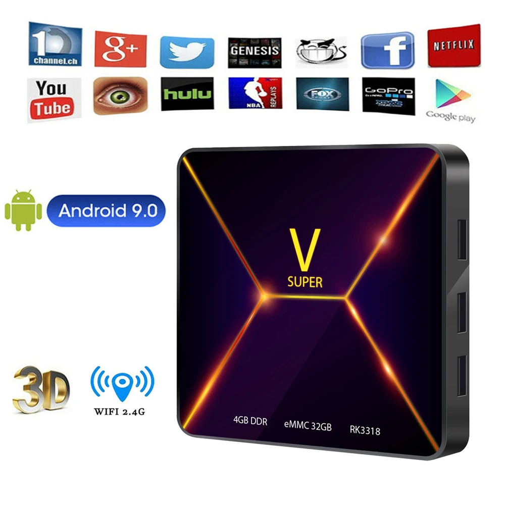 

Android 9.0 Wifi TV Box V SUPER 4GB Ram 32GB Rom Rockchip RK3318 4K HD IP TV Set Top Box Home Movie Media Player Support 3D Film