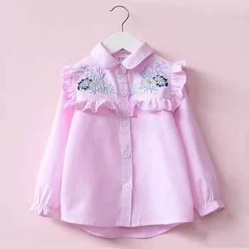 

2019 Spring Embroidery Shirt Girls Long Sleeve Bottom Shirt Flower Stripe Shirts Blouse Tops Children's Clothing 3-7 Years