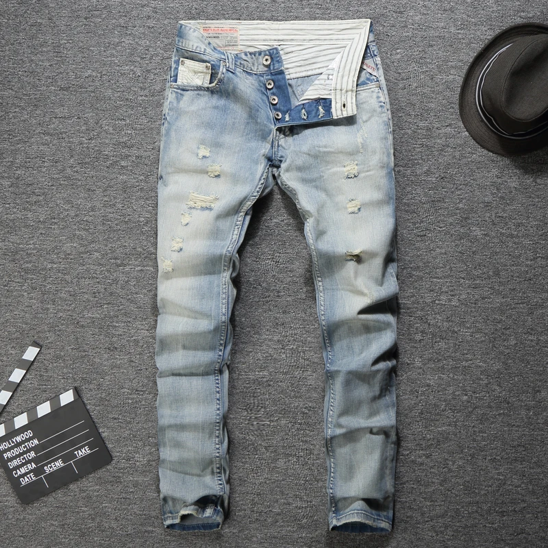 

Summer Fashion Men Jeans Newly Designer Light Blue Color Slim Fit Ripped Jeans For Men Streetwear Skinny Fit Hip Hop Jeans homme