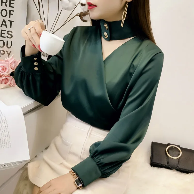 

2018 Spring Long Sleeve V Neck Satin Blouses Women Sexy V Neck Satin Shirts Women Casual Loose Black Satin Blouses Satin Tops