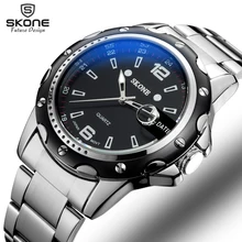 Skone Auto Date Silver Watches Men Luxury Brand Steel Band Quartz Movt Fashion Casual Business Watch Male relogios masculinos