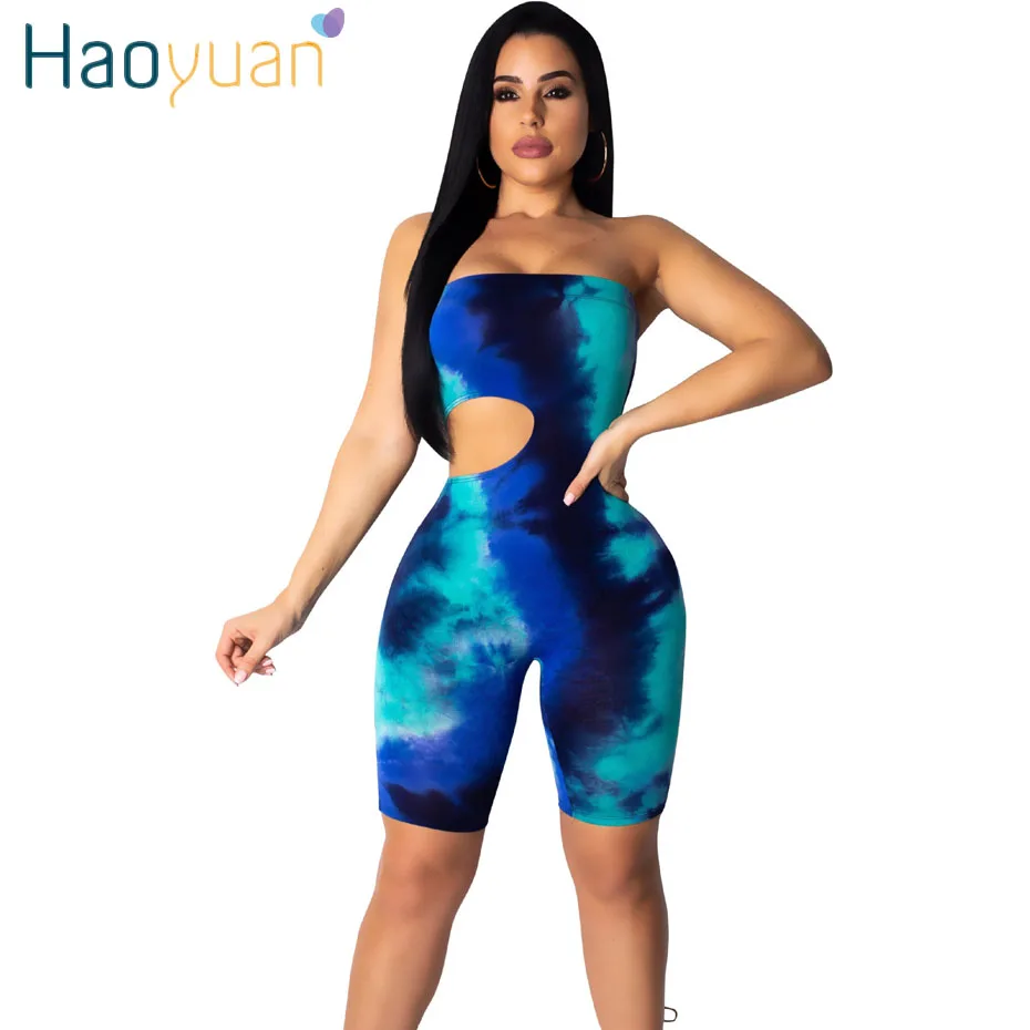 

HAOYUAN Tie Dye Sexy Playsuit Casual Strapless Off Shoulder Backless Summer Overalls Club Bodycon Shorts Rompers Womens Jumpsuit