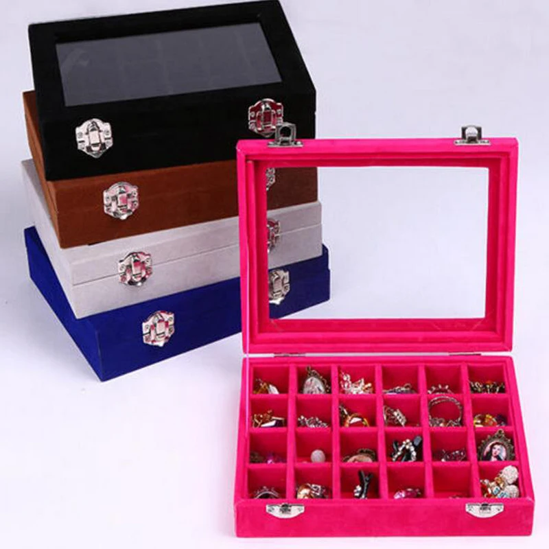 Various Color Options 24 Grids Velvet Jewelry Box Rings Earrings Necklaces Pendants Bracelets Makeup Jewellery Organizer Storage