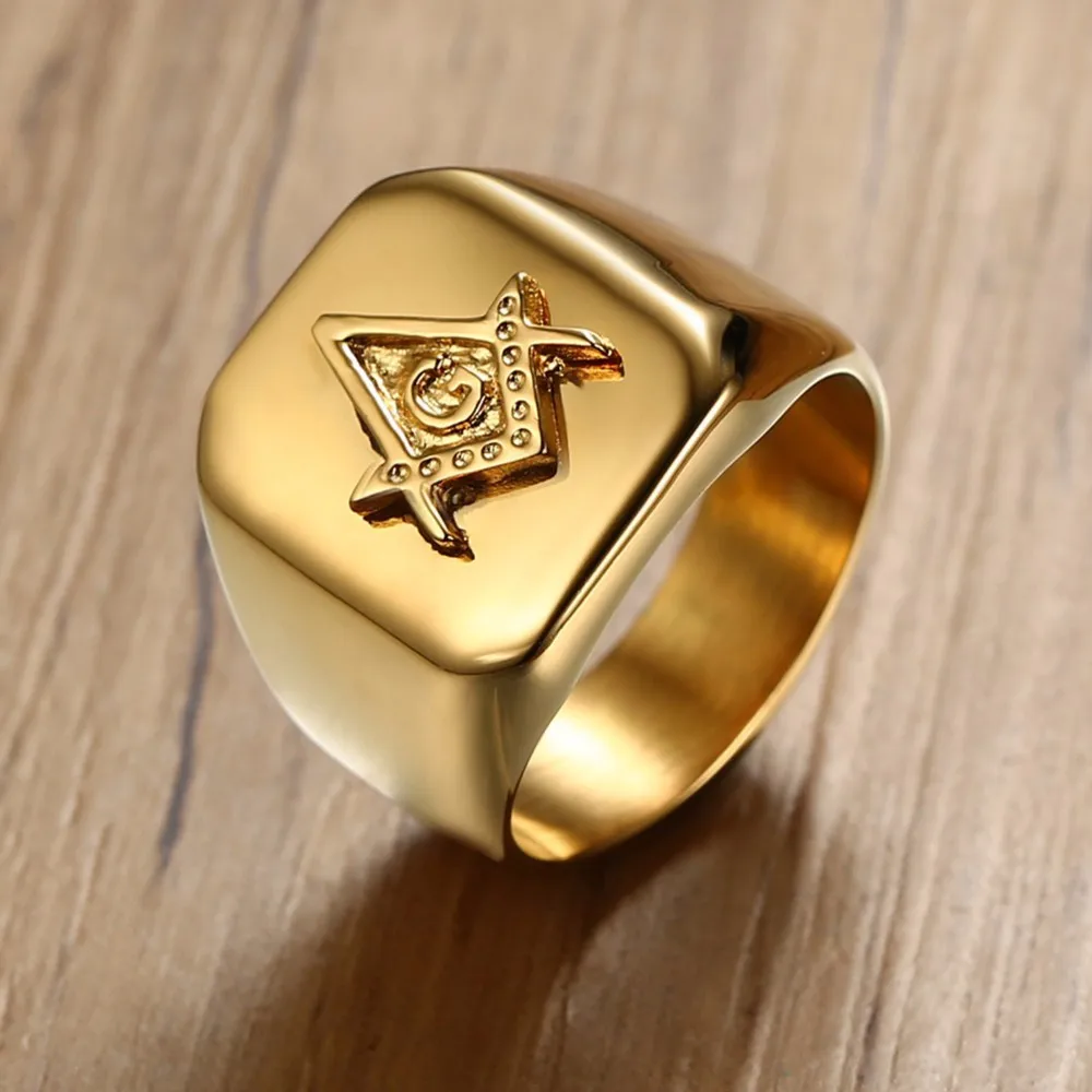 

Masonic Signet Ring for Men Stainless Steel Square and Compass Band in Gold Tone