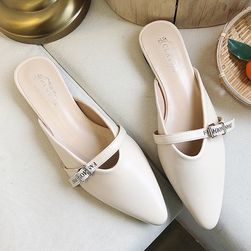 

Moxxy 2019 New Flat Mules Slip On Shoes Woman Mules Fashion Strap Buckle Pointed Toe Low Heel Slipper Women Outdoor Slides Femme