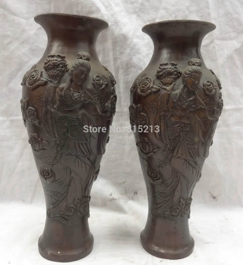 

bi00750 10" China Bronze Carved JiXiang Fly Belle Fairy Statue Flower Twin Pot Vase Pair