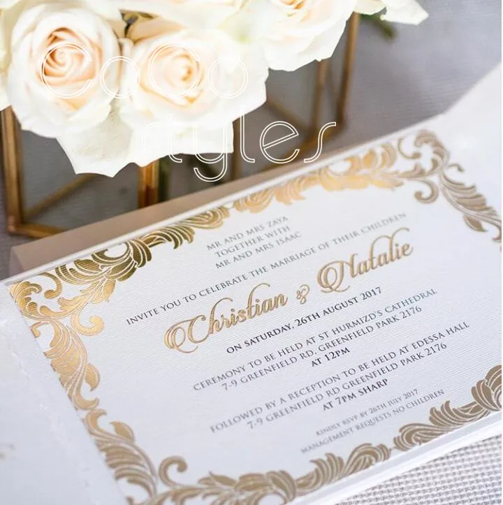  Cocostyles despoke premium white hardcover debossing gatefold invitation card with gold foiling nam - 32878448004