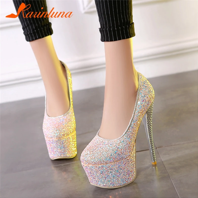 

KARINLUNA New Plus Size 31-48 Bling Shallow Ladies High Heel Platform Shoes Woman Casual Office Party Sexy Luxury Designer Pumps