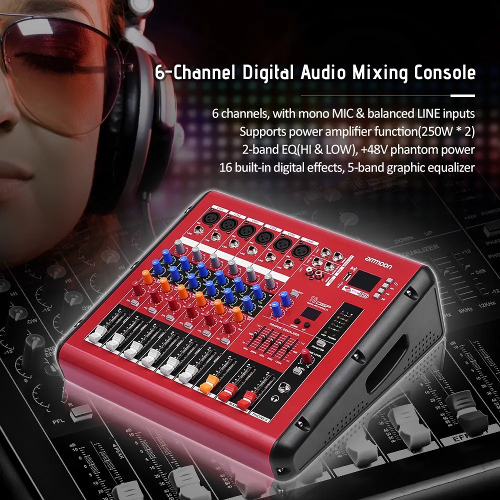 Ammoon PMR606 6 канальный цифровой Миксер с усилителем мощности для записи DJ сцены