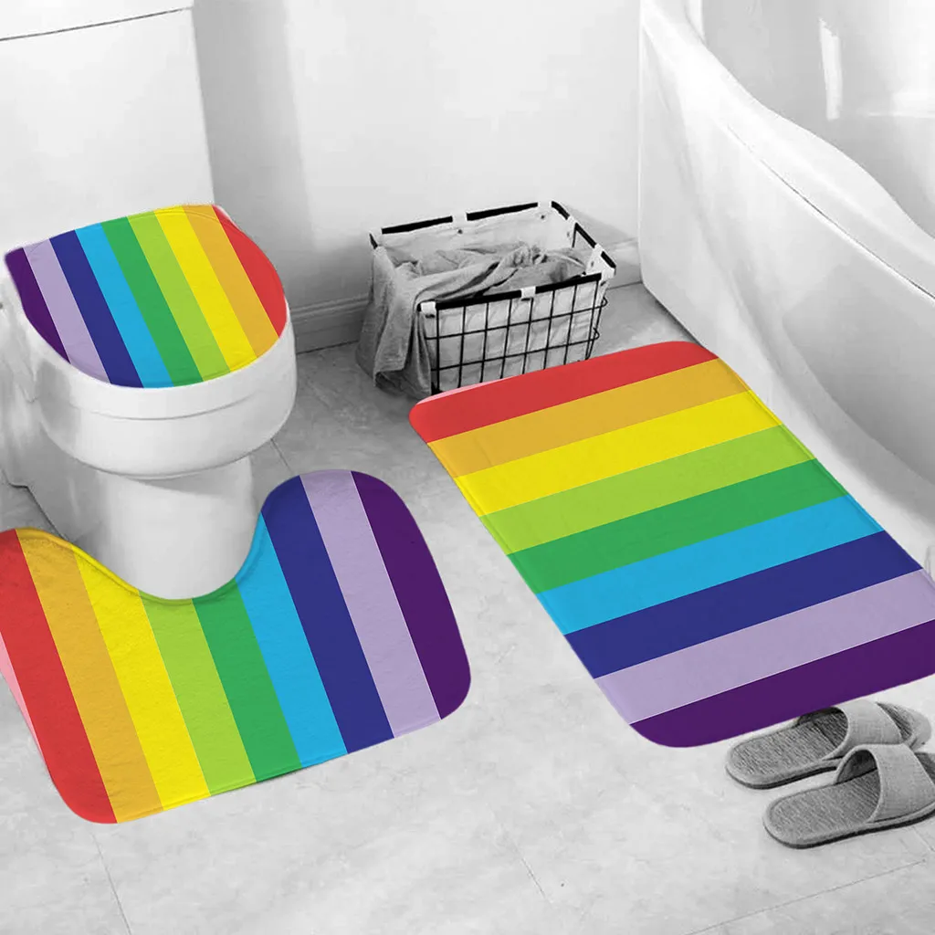 

3Pcs/set Bathroom Toilet Floor Mat Set Non-Slip Fish Scale Bath Kitchen Carpet Doormats Decor Striped rainbow print Carpet 2019