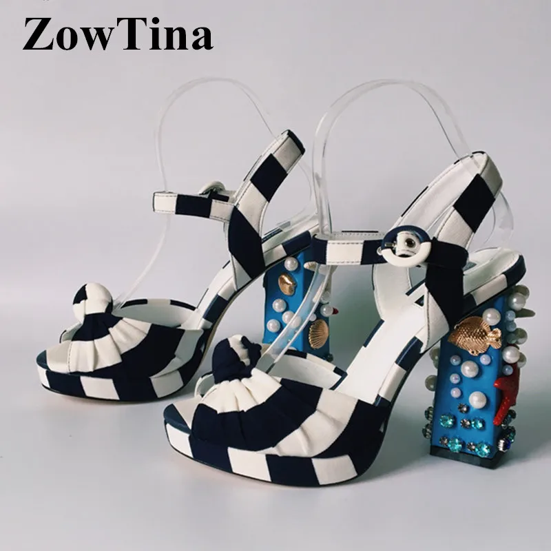 Black platform blau Shell rot Sommer Gladiator Schuhe Blue Ankle Gestreiften Red High Schwarzes Klobigen Tuch Chaussures Frau Femme platform Frauen Starfish Mode platform Sandalen Heels Strap qFgg8S