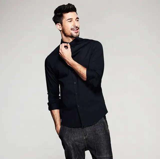 Mens Dress Shirts Fashion Long Sleeve Cotton Busines black ...
