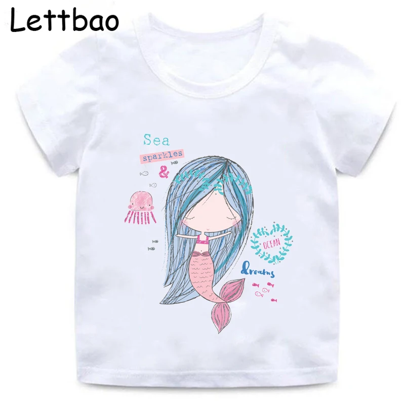 

Kawaii Bear Mermaid Print Girls T Shirt 2-12 Years Cartoon Funny Casual Kids Clothes Summer Harajuku White Baby Princess T-shirt