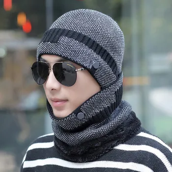 

Men Knitted Hat Scarf Winter Skullies Beanies Winter Hats For male Baggy Warm Thicken Fashion Cap Hats 2018
