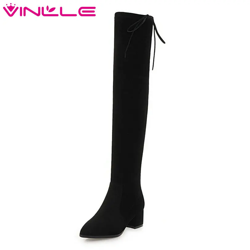 

VINLLE 2019 Women Shoes Over The Knee Boots Square Med Heel Sock Boots Stretch Fabric+Flock Ladies Motorcycle Shoes Size 34-43