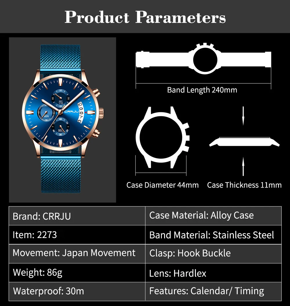 CRRJU новые мужские часы, мужские Модные брендовые роскошные часы из нержавеющей стали, синие кварцевые часы, мужские повседневные спортивные водонепроницаемые часы, Relojes