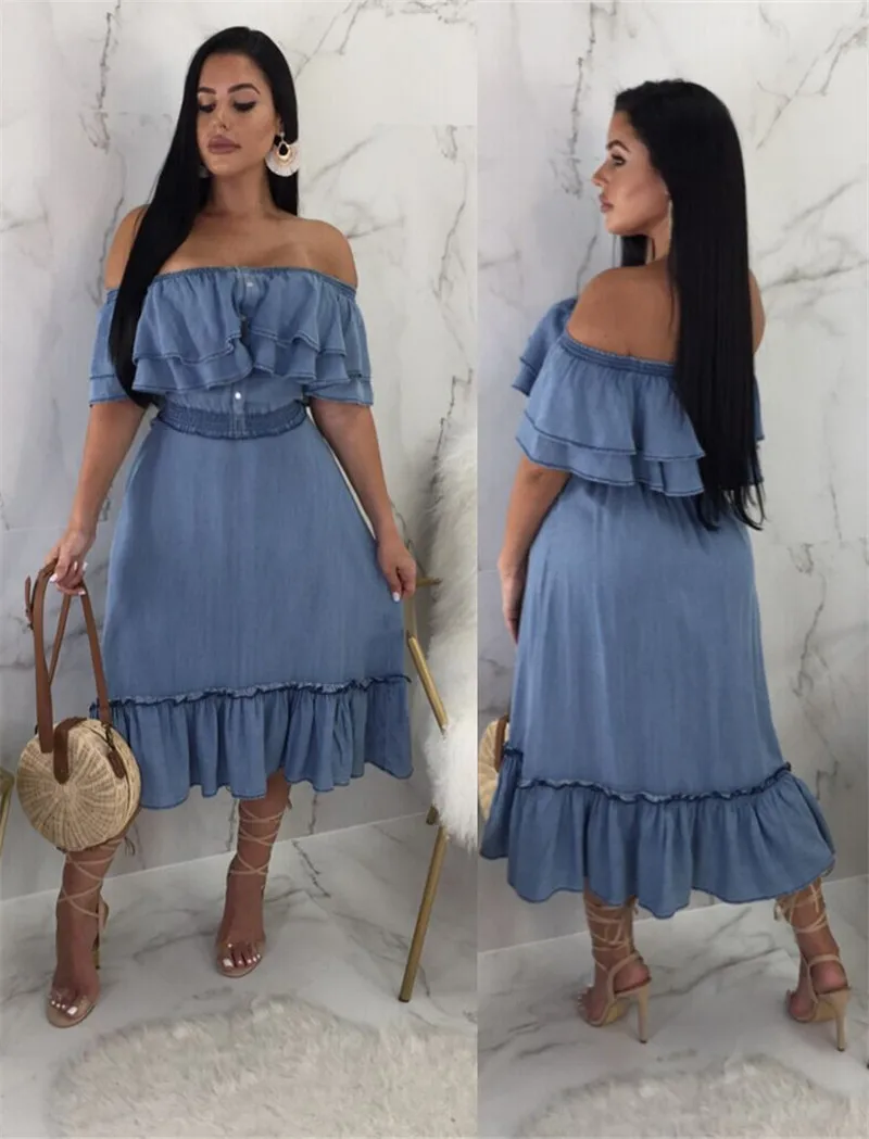 Elegant soft patchwork denim dress vestidos women Off-shoulder ruffle women dress Casual denim jeans summer party dress 2018