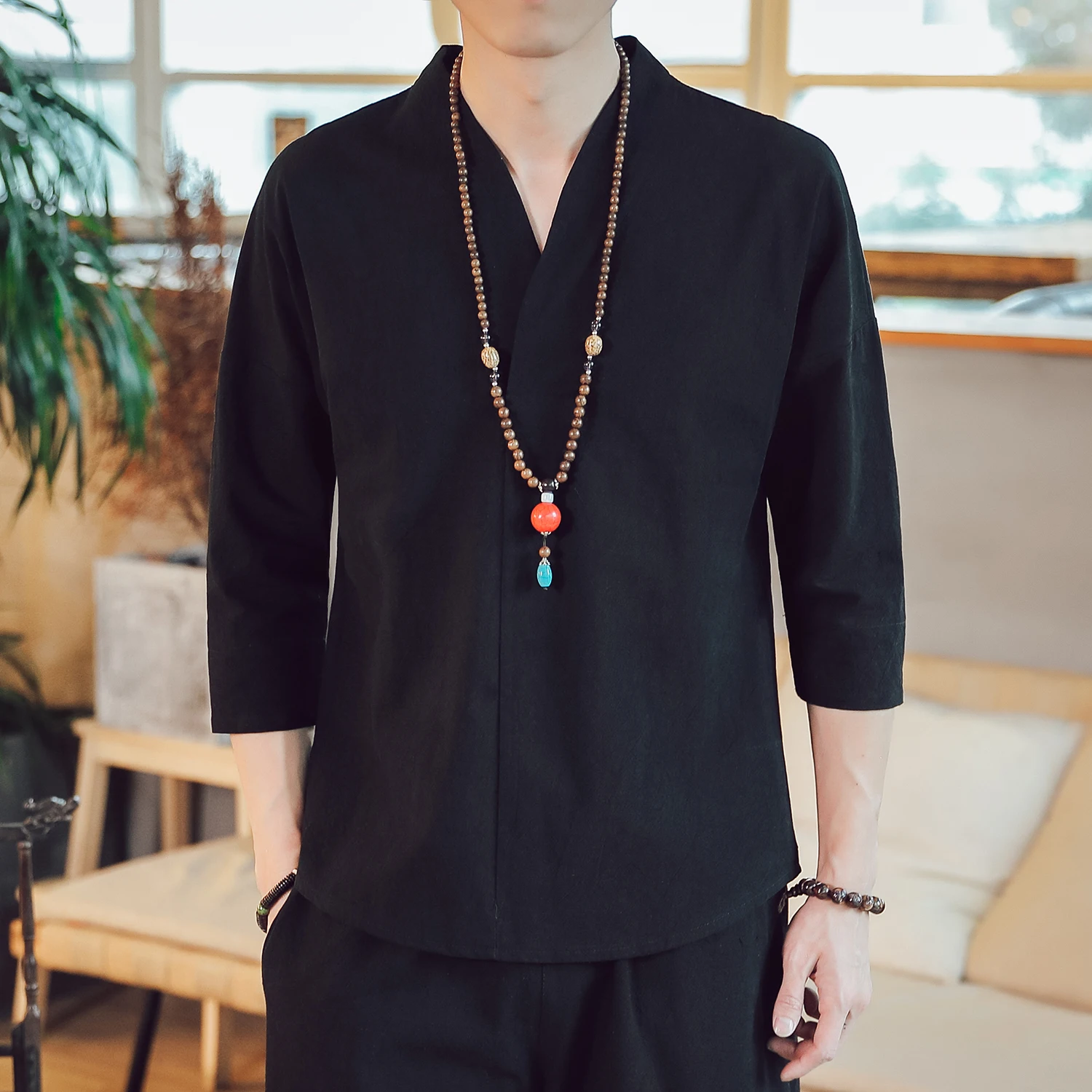 Chinese Style Men Shirt 3/4 Sleeve Solid Casual Streetwear Man Cotton Linen Hanfu Blouse Men Clothes New Koran Summer Top