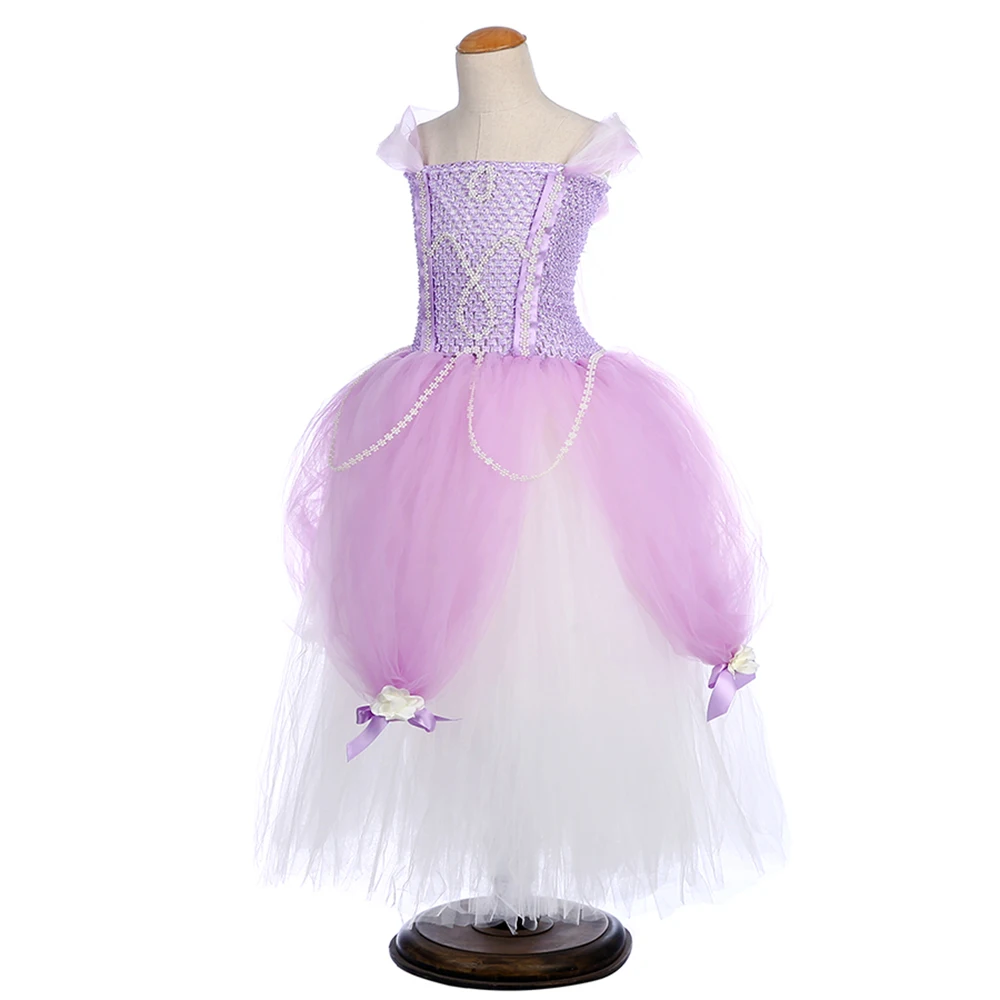 Платье принцессы Софии с юбкой-пачкой для девочек; платья длиной до пола для дня рождения с цветочным узлом; Детские Рождественские костюмы с жемчугом