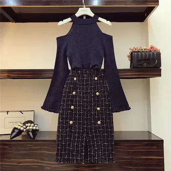 

New Spring Tweed Skirt Sexy Women Blue Bling Knitted Off Shoulder Flare Sleeve Sweater Suits And Plaid Tweed Split Pencil Suits