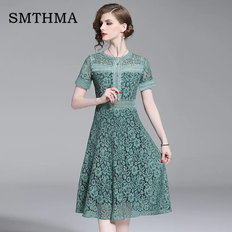 

SMTHMA 2019 Summer New Women's Lace Dresses Green Lace Hollow Out Patchwork Casual Slim Office Party Dress vestidos