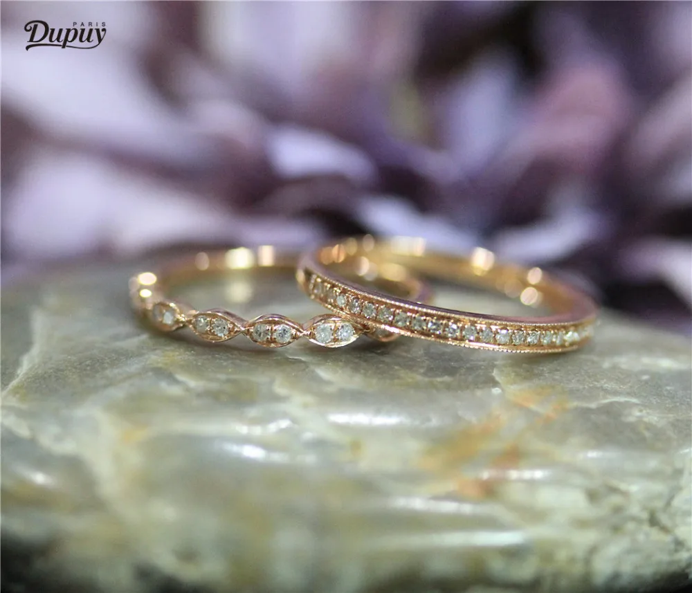 DUPUY 2pcs 14K Rose Gold Wedding Ring Set Art Deco Half Eternity Diamonds Band Milgrain Bezel Match Bridal | Украшения и