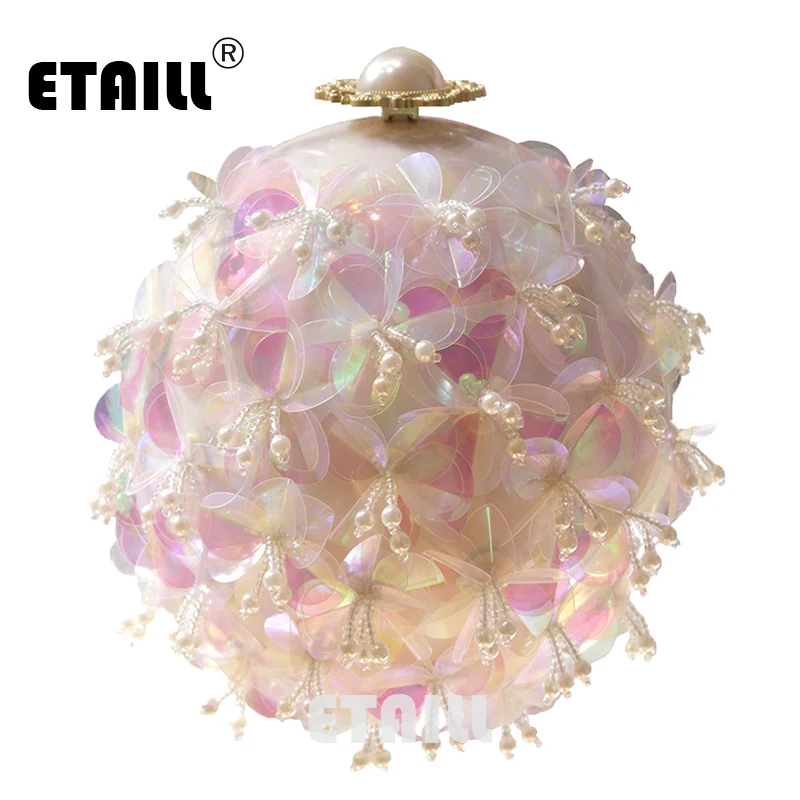 

ETAILL Transparent Pink Flowers Pearl Beaded Tellurion Evening Bag Bridal Wedding Round Ball Wrist Shoulder Bag Clutch Handbag