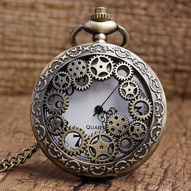 Bronze Hollow Gear Case White Dial Quartz Pocket Watch Analog Necklace Pendant C Bronze Hollow Gear Case White Dial Quartz Pocket Watch Analog Necklace Pendant C