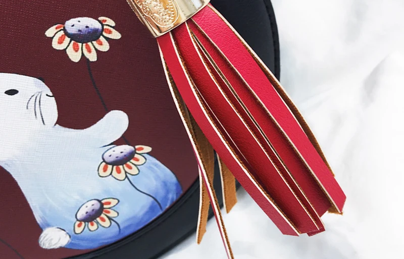 Women Fashion Handbag Female Leather Roll Circular Bag Famous Tassel Crossbody Shoulder Bags Flower Cute Tote Sac A Main SS7303 (13)