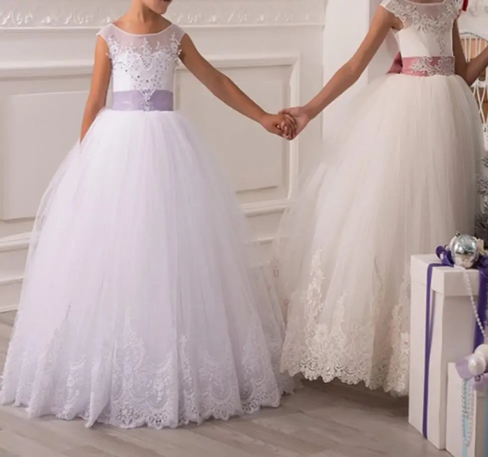 

Light Purple Flower Girls Dresses 2019 Sequins Beaded Back Bow Lace Up Holy Communion Dresses Ball Gowns Birthday Dress Gift New