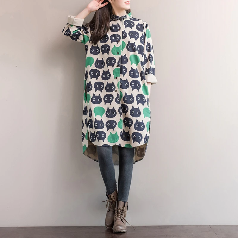 

Women Print Cat Dress Autumn New Long Sleeve Casual Sweet Cotton Linen Mori Girl Women Clothes Dress