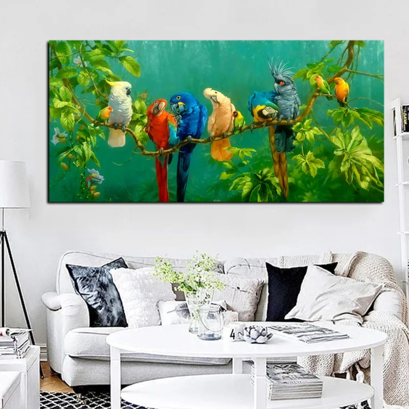 Художественный попугай птица на ветках деревянный пейзаж картина маслом на холсте плакат печать Настенная картина для гостиной Куадрос Декор