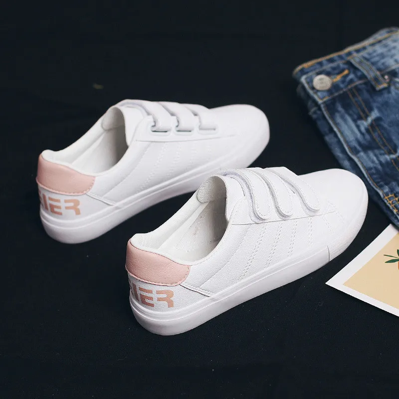 

Sneakers Women Hook Loop Leather Shoes Lady Pink Silver Flat Heel Nice Quality Trainers Scarpe Donna Sportive Basic Style 35-40