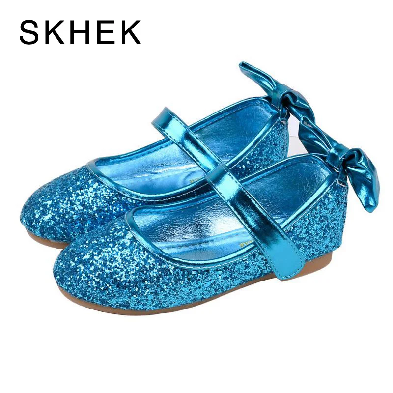 

SKHEK Prands Girls Shoes Fashion Ultra-comfortable Soft Leather Children's Ankle-Wrap Bowtie Shoe Kids Sandal Blue Gold Silver