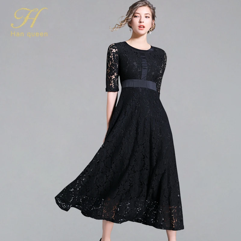

H han queen Slim Sexy O-neck Patchwork Long Dress Women Hollow Out Vintage Evening Party Lace Dresses Casual Work Black Vestidos