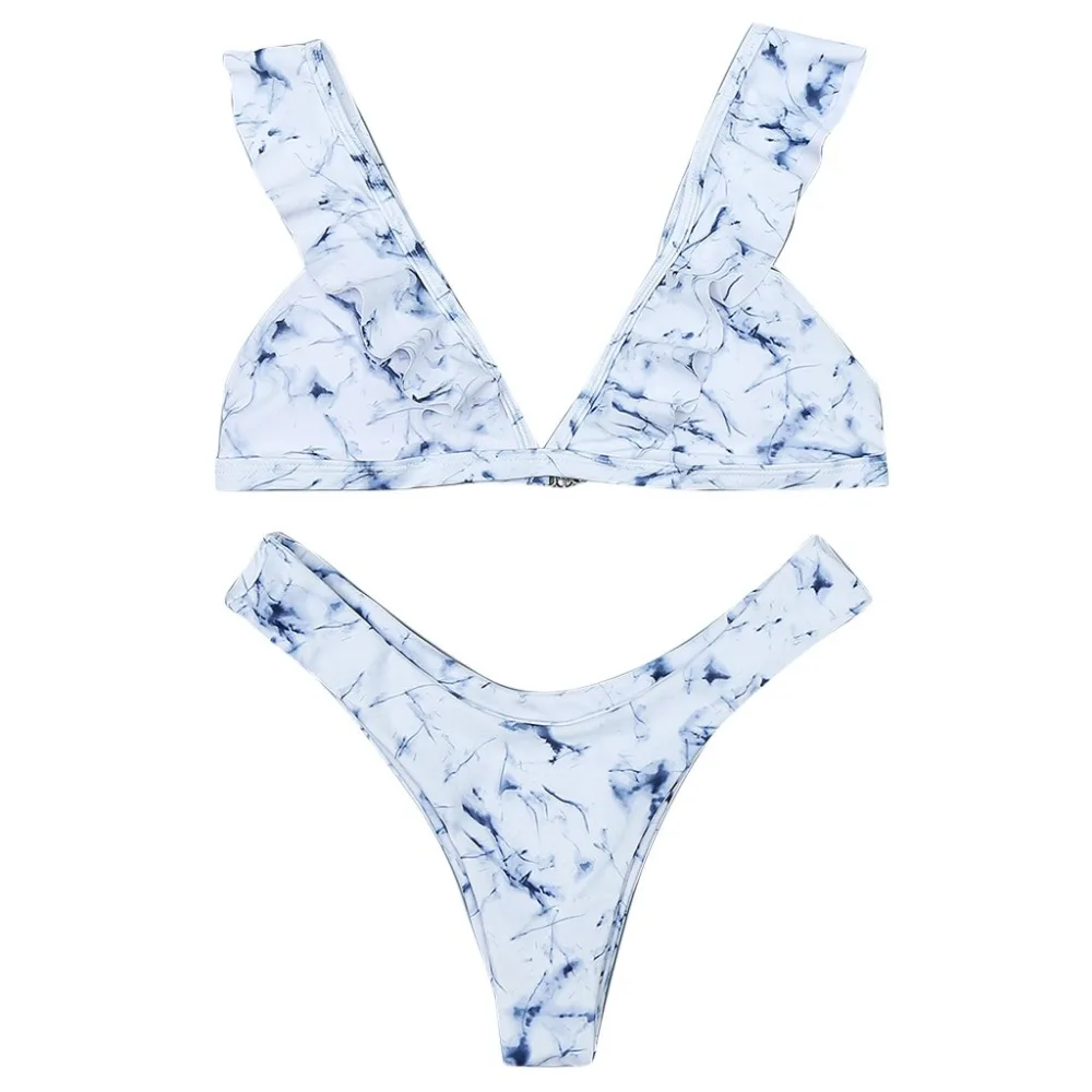 

AUSTINBEM New Bikini Women Marble Print Beach Halter Bikini Set Padded Bra Swimwear Ruffled Flounce Bikinis 2019 Mujer #M