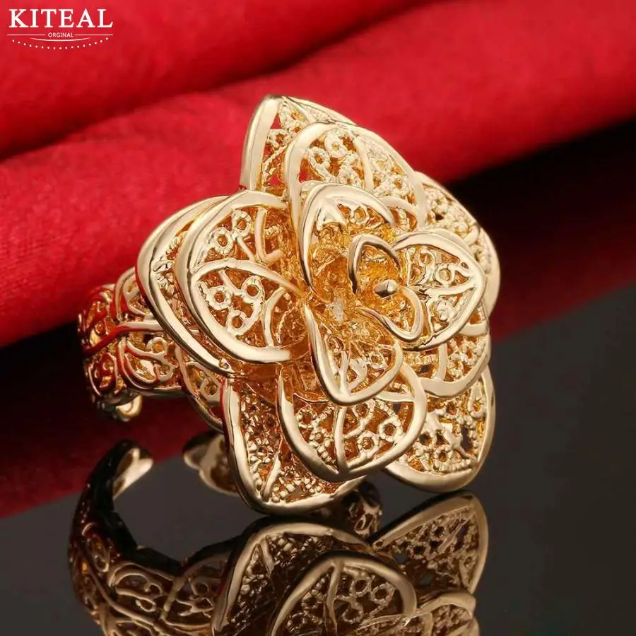Women's luxurious rose Gold silver Plated Flower Big Rings Girls Elegant Wedding Zircon Engagement Jewelry Party