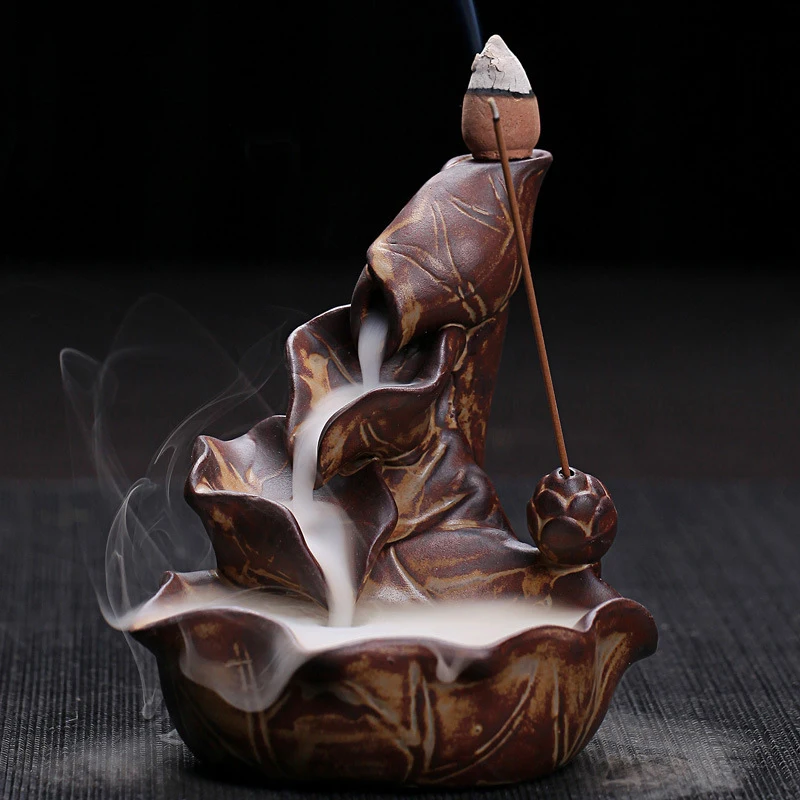 Glazed Ceramic Iron Rust Glaze Butterfly Lotus Pond Backflow Incense Burner 