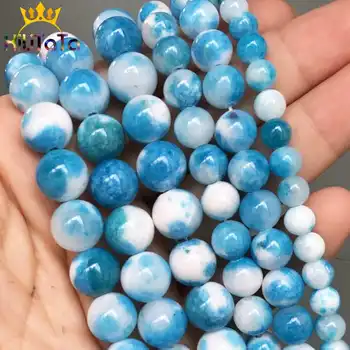 

Round Natural Jades Stone Beads Blue White Loose Spacer Beads 15''Strand 6/8/10/12mm For Jewelry Making DIY Bracelets Necklaces