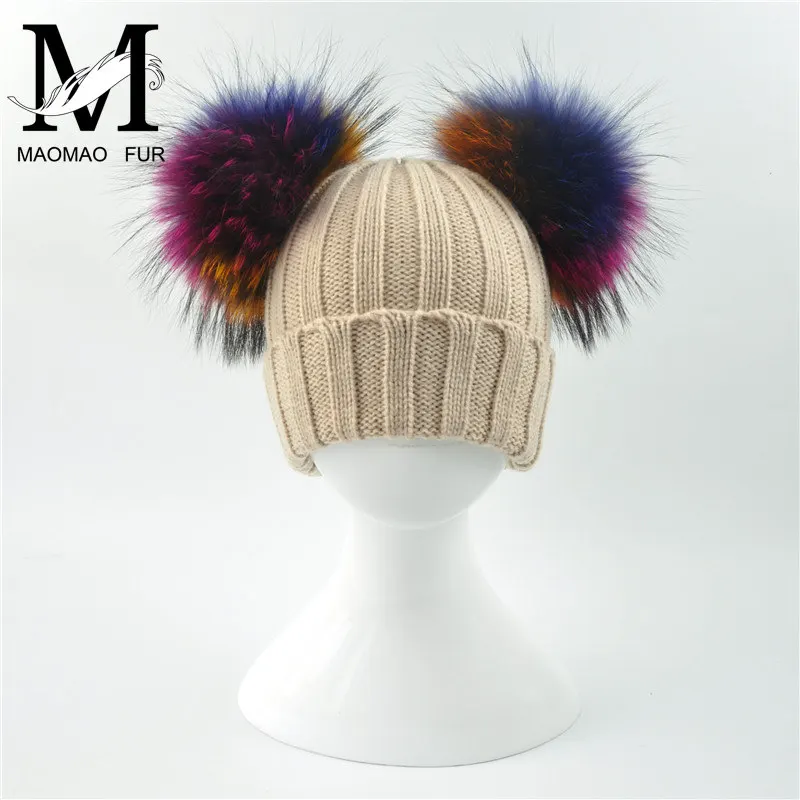 Шапка из натурального меха, зимняя детская вязаная шапка, шапка с помпоном из натурального меха енота, теплая плотная эластичная вязаная шапка с разноцветным мехом